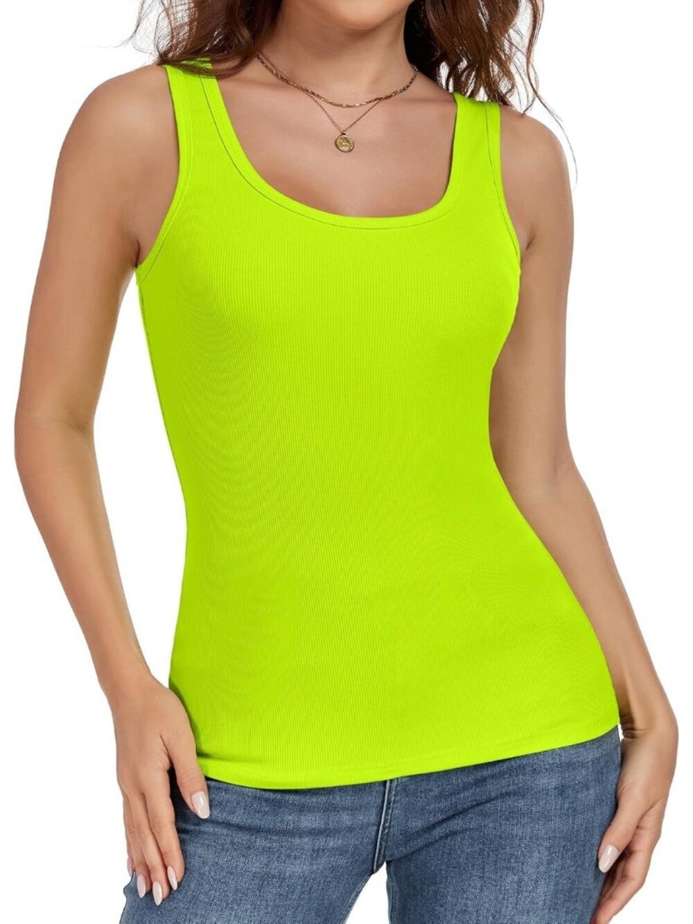 Women's Green Fitted Scoop Neck Slim Fit Summer Sleeveless Tank Top